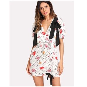 Contrast Bow Detail Mixed Print Wrap Dress